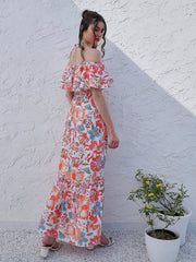 Orange Floral Printed Halter Neck Tiered Gathered Crepe Maxi Midi Dress