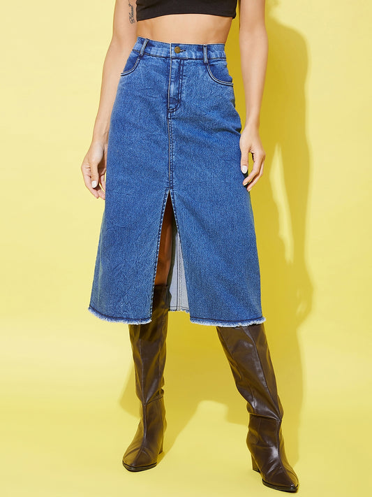 Women's Denim Midi Skirt with Center Slit