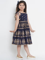 Cotton Blend Woven Sleeveless Foli Print Flared Frock - Blue