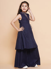 Solid Sleeveless Above Knee Length Cotton Kurta With Palazzo - Navy Blue