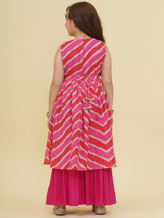 Girls Pink Leheriya Printed Kurta with Sharara