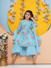 Girls Blue Floral Printed Kurta with Sharara With dupatta