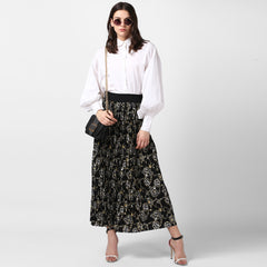 Women's Black Chain Print Pleated Skirt