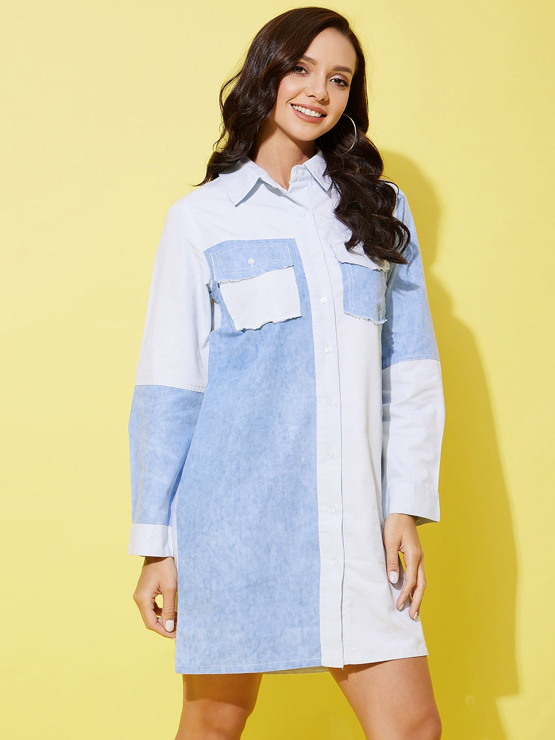 StyleStone Women's Denim Shirt Dress with Patchwork Detail