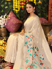 Cream Linen Cotton Saree with Bold Peacock Pallu – Elegant Zari Border Saree for Festive & Party Wear | Lightweight & Soft Fabric