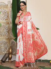 Premium Woven Linen Cotton Saree with Traditional Zari Border – Elegant Festive Look Perfect for Durga Puja, Navratri & Bengali Celebrations
