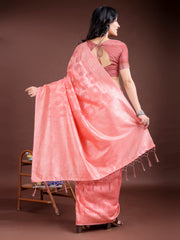 Elegant Peach Pink Linen Cotton Saree for Women – Soft Lightweight Saree with Subtle Self-Weave & Tassel Pallu