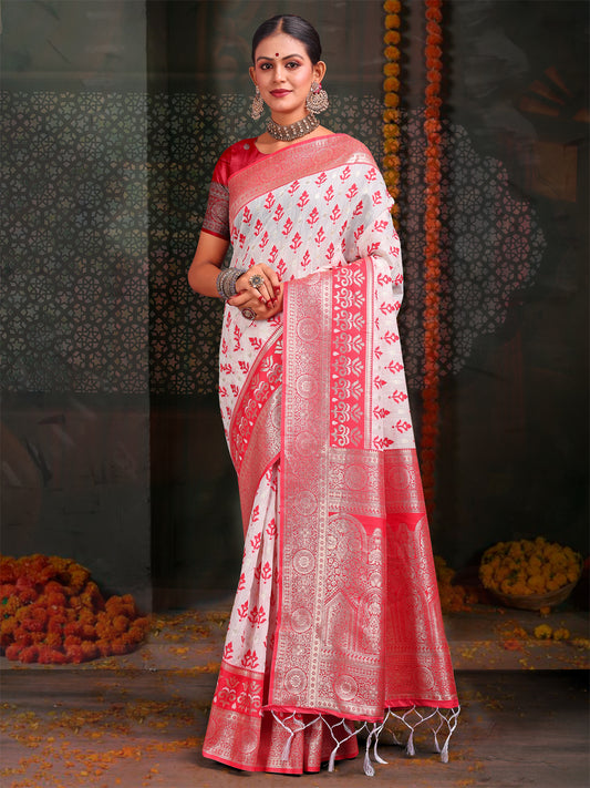 Premium Linen Cotton Saree with Rich Zari Border & Pallu | Lightweight & Elegant | Ideal for Festive & Traditional Occasions | Unstitched Blouse Included