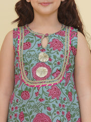 Girls Blue Floral Printed Kurta with Sharara