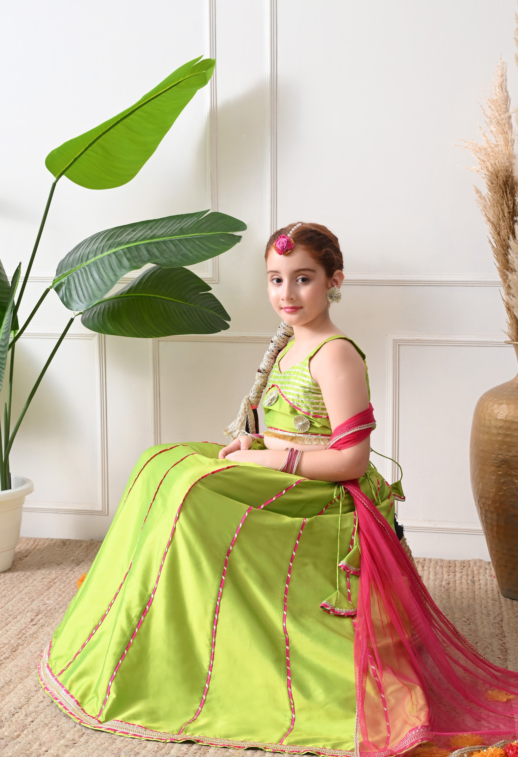 Girls Green Mirror Work Lehenga Choli Set with Dupatta Festive Ethnic Wear