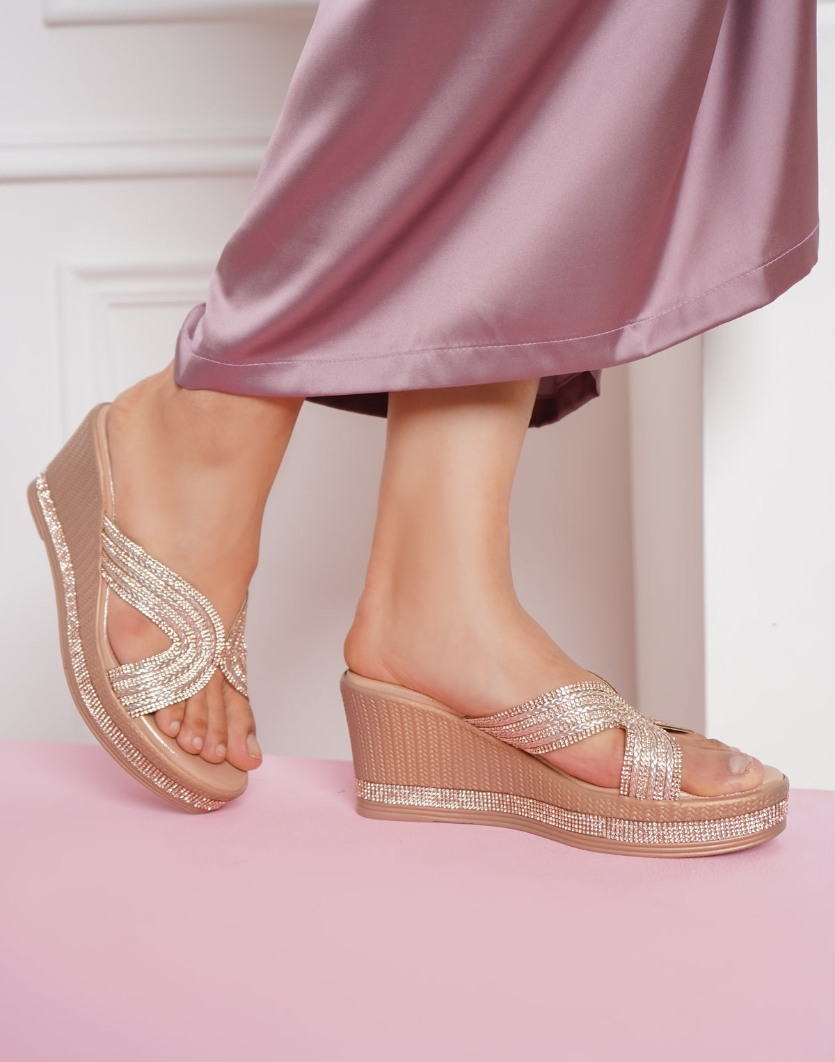 Pink Casual Wedge Open Back 3 inches Wedge Heels