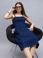 Women's Denim Midi Dress with Shoulder straps