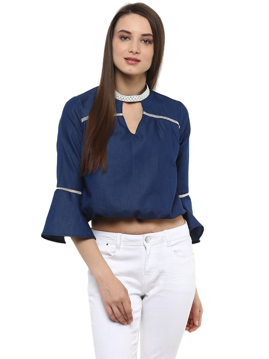 Women's Denim peasant top with Lace detailing