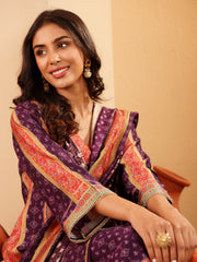 Women Purple Ethnic Printed  Gota Lace Detailed Kurta With Solid Trouser & Printed Dupatta
