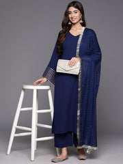 Women Navy Blue Solid V-Neck  Embellished With Gota Straight Kurta Paired With Tonal Bottom And Dupatta