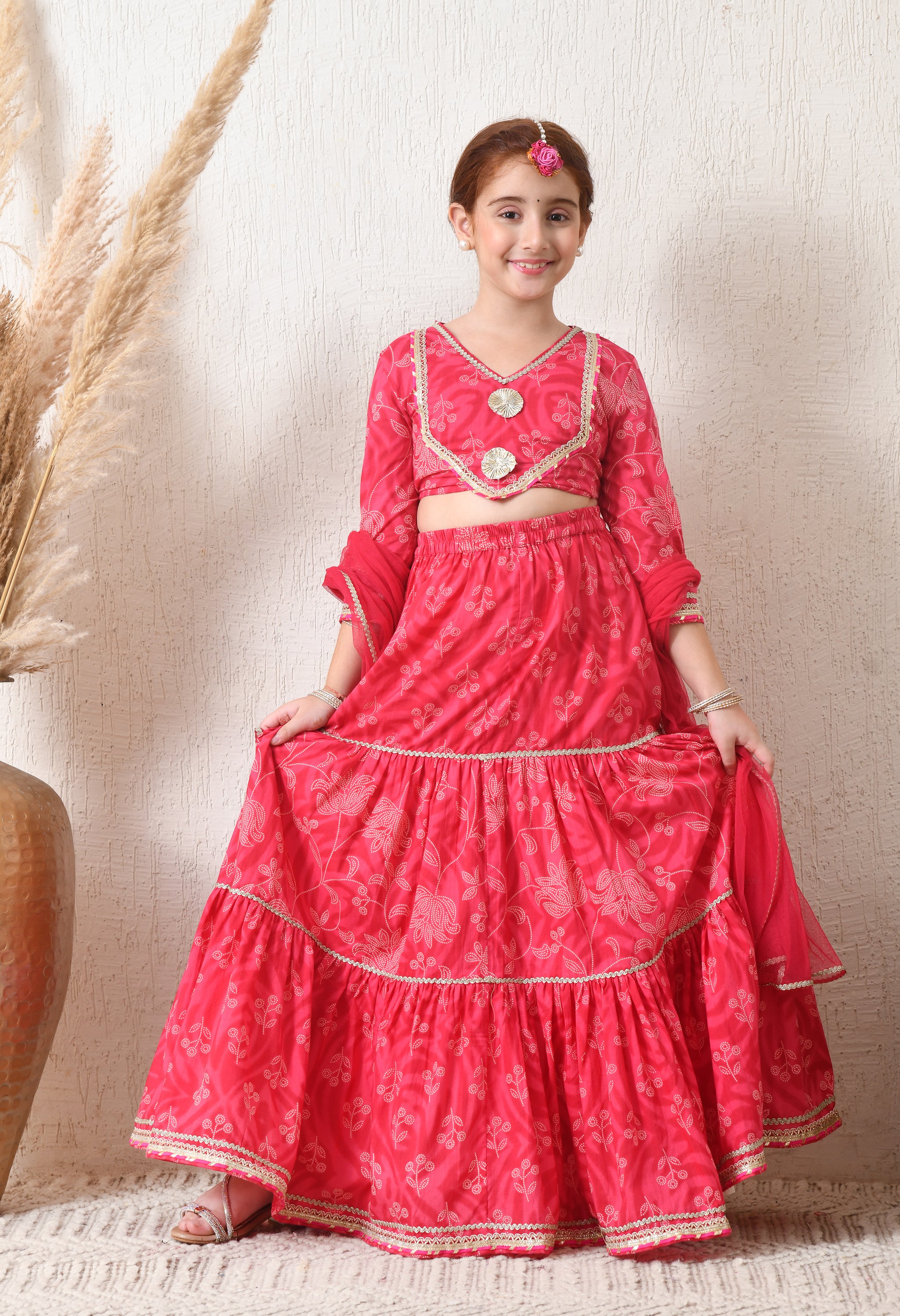 Girls Pink Tiered Lehenga Choli Set with Dupatta Traditional Festive Wear