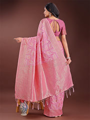 Peach Pink Linen Cotton Saree with Golden Zari Leaf Design & Elegant Pallu – Festive | Office | Daily Wear
