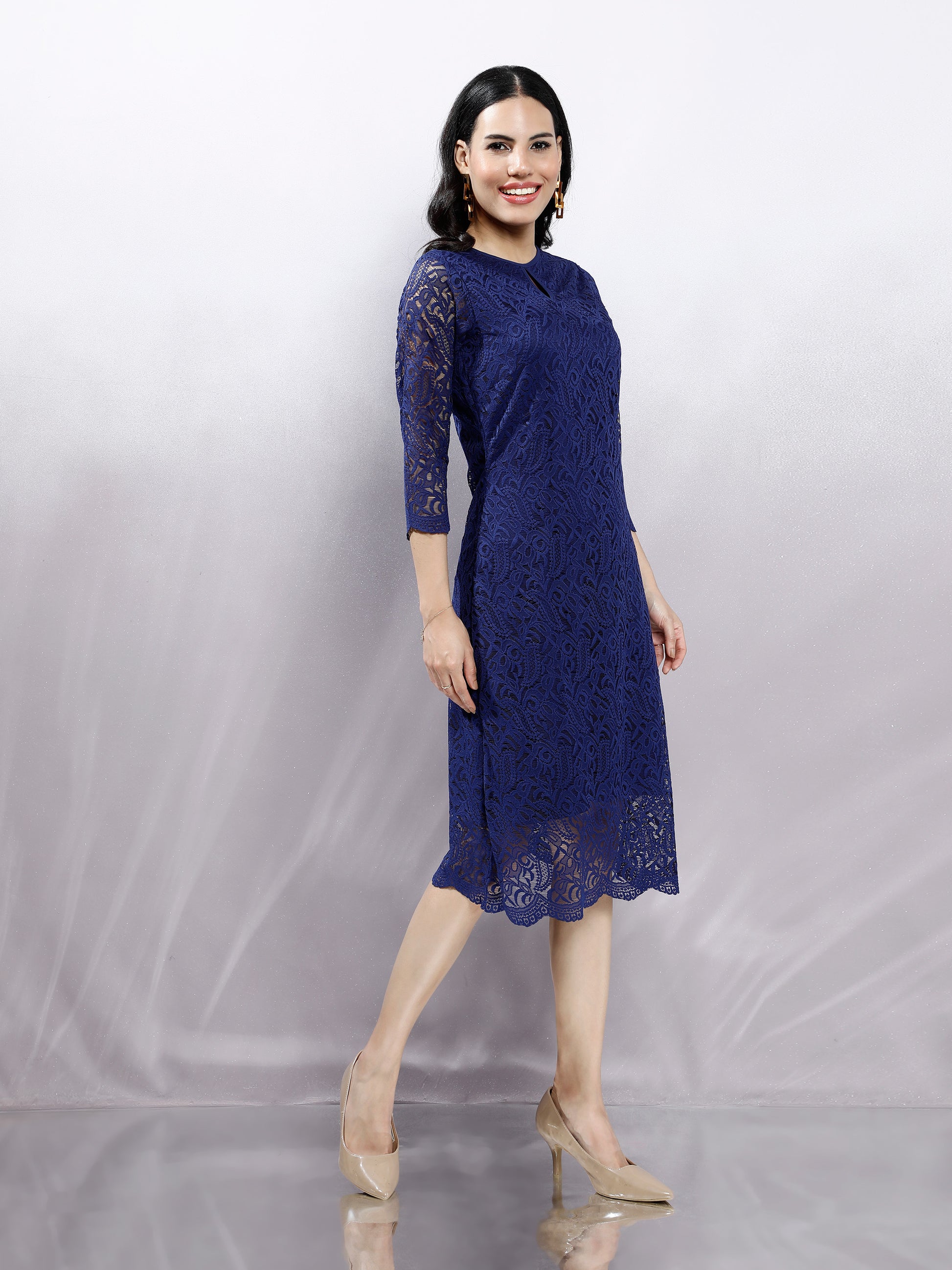 Navy Blue Keyhole Neck Lace Midi Sheath Dress