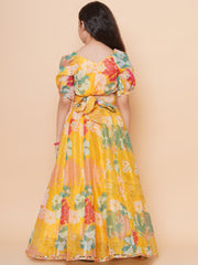 Girls Yellow Flower Digital Print Lace work Choli with Ready to wear Lehenga.