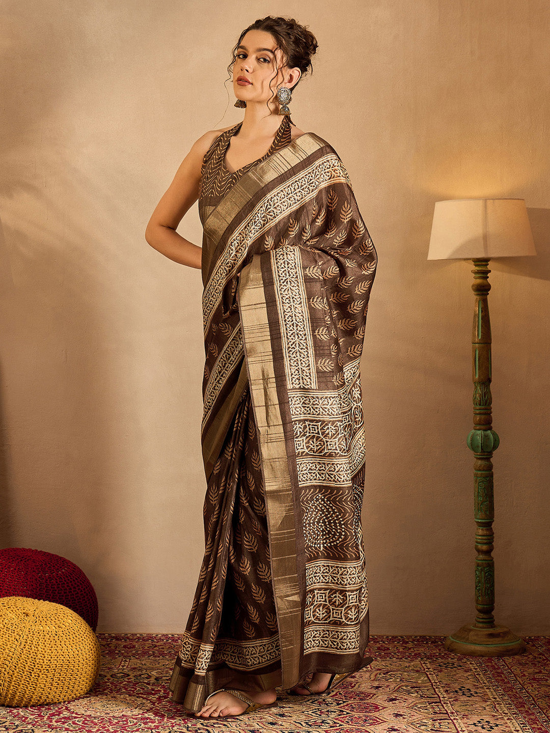 Women's Silk Blend Brown Printed Designer Saree With Blouse Piece