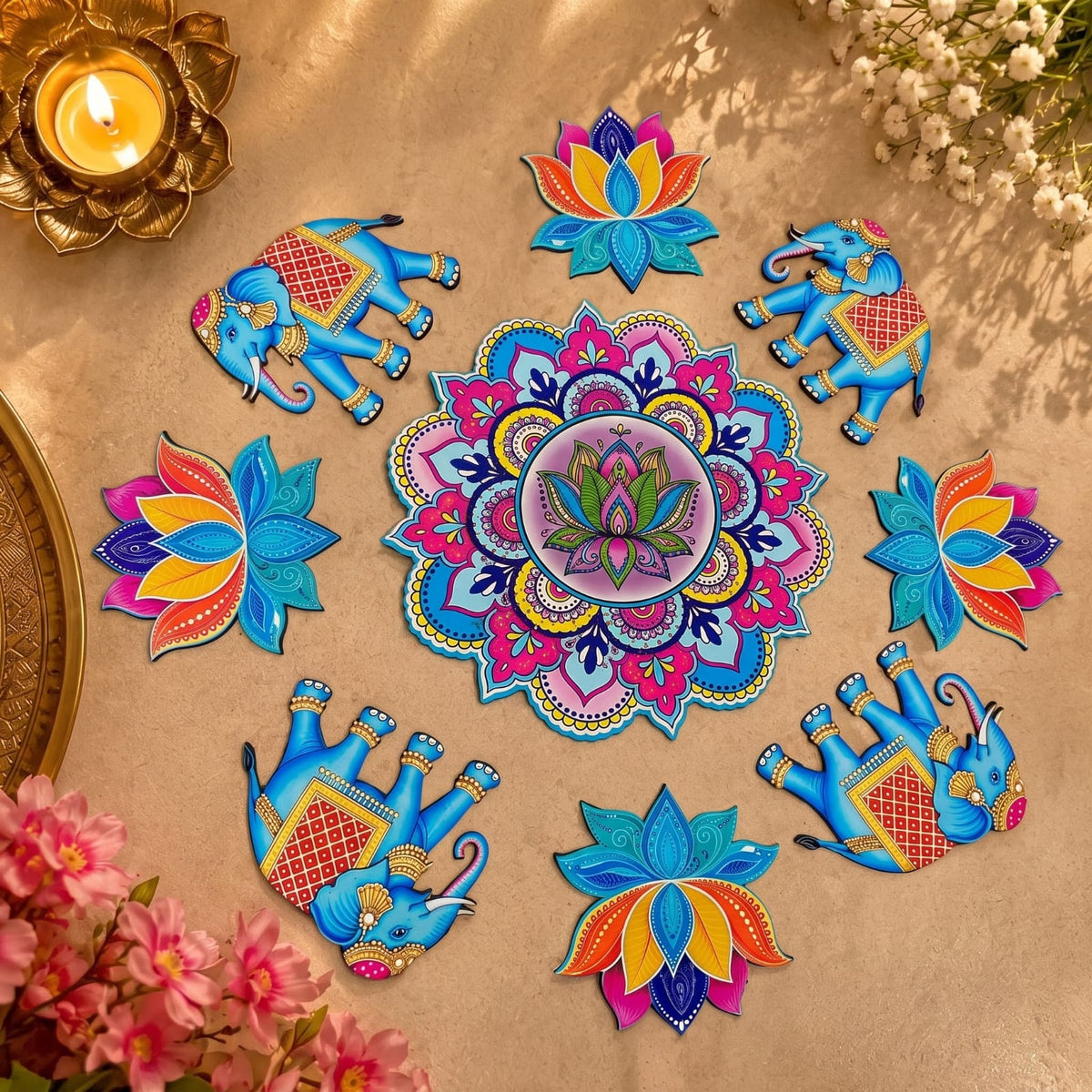 MDF Rangoli Set | Elephant lotus | 9 Pcs