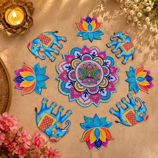 MDF Rangoli Set | Elephant lotus | 9 Pcs