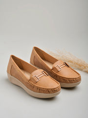 Shoetopia upper Buckle Detailed Tan Loafers For Women & Gilrs