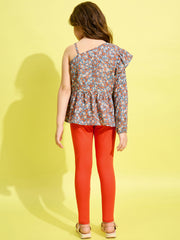 Girls Grey & Orange floral Printed One Shoulder top and Jeggings Set