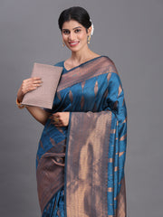 Navy Blue Banarasi Silk Saree with Copper Zari Woven Pallu & Feather Butta – Wedding & Festive Wear