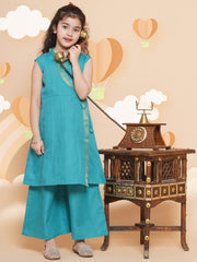 Solid Sleeveless Above Knee Length Cotton Kurta With Palazzo - Sea Green