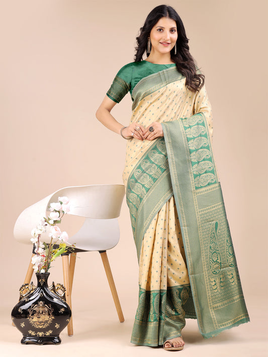 Graceful Cream and Green Silk Saree – Traditional Elegance with Royal Charm