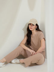 Women's  Brown Ribbed Cotton Co-Ord Set