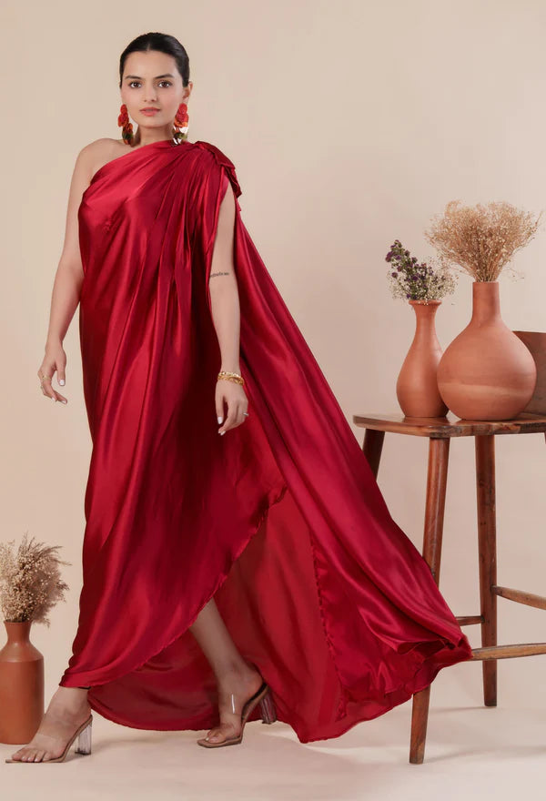 MUSH - Women Stylist Maroon Red One Shoulder Pleated And Drape Style Satin Gown