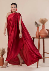 MUSH- Women Stylist Maroon Red One Shoulder Pleated And Drape Style Satin Gown