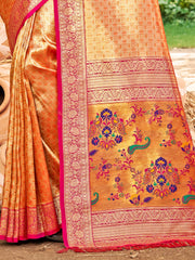 Kanjivaram Silk Saree for Women Yellow Wedding Wear with Red Blouse Rich Zari Woven Design Saree
