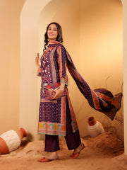 Women Purple Ethnic Printed  Gota Lace Detailed Kurta With Solid Trouser & Printed Dupatta