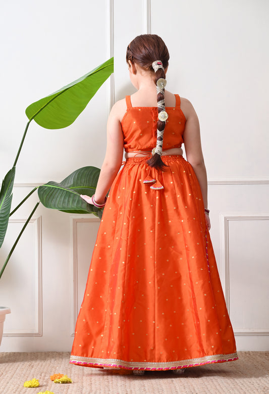 Girls Girls Orange Embellished Lehenga Choli Set with Dupatta Ethnic Wear