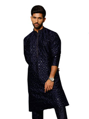Vastramay-Men's Navy Blue Silk Blend Kurta