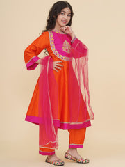 Solid Three-Fourth Sleeves Above Knee Length Silk Kurta & Trousers With Dupatta - Orange