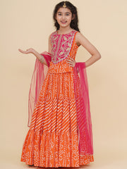 Girls Boho Design Pink Embroidered Choli Orange Bandhej Leheriya Ready to Wear Lehenga With Dupatta
