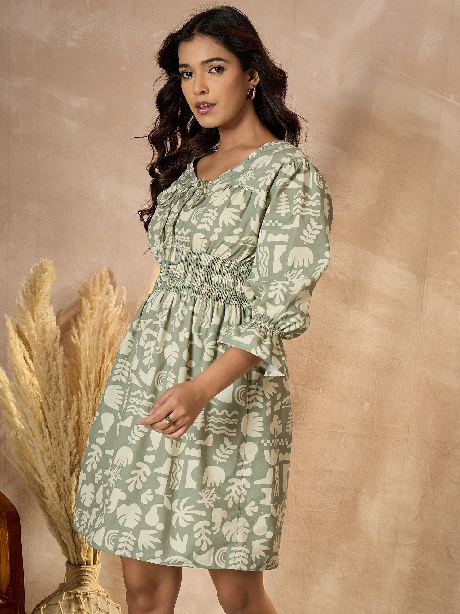 StyleStone Women's Cotton Olive Abstract Printed Dress