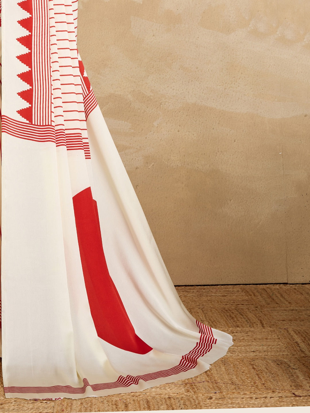Women's Striped Satin Block Printed Cream Saree