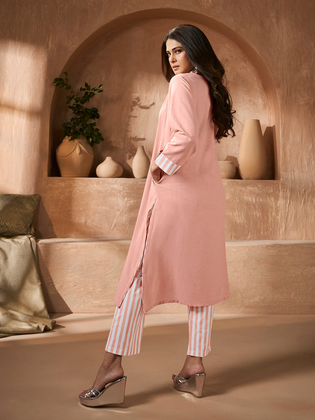 Peach Floral Embroidery Straight Kurta Set