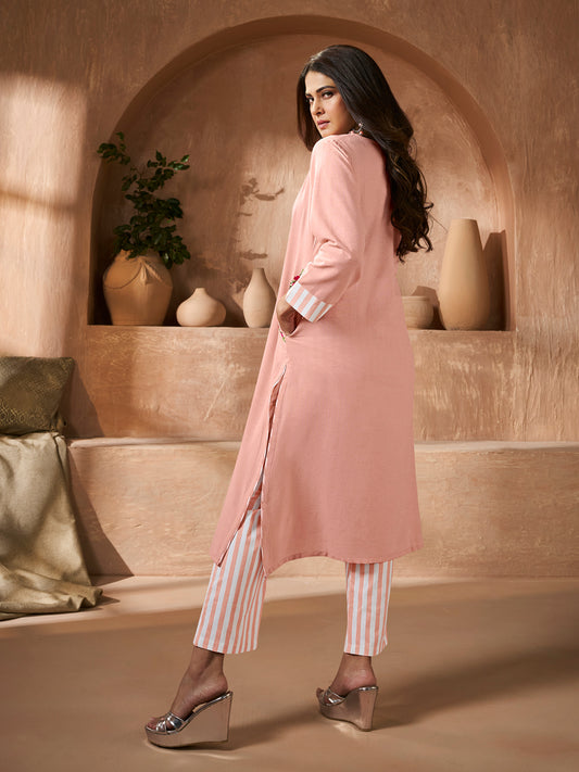 Peach Floral Embroidery Straight Kurta Set