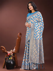 Elegant Pink & Cream Linen Saree with Geometric Design and Zari Border – Festive & Party Wear