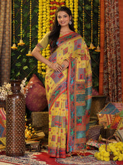 Off White Linen Cotton Saree with Multicolor Ethnic Print – Soft & Lightweight Saree for Festive, Daily, and Office Wear