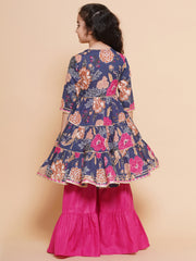 Placement Print Three-Fourth Sleeves Above Knee Length Cotton Kurta With Sharara - Navy Blue