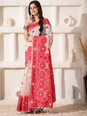 Elegant Woven Linen Cotton Saree for Durga Puja & Diwali | Ethnic Motif Design with Rich Zari Border | Soft, Breathable, Festive-Ready Traditional Drape