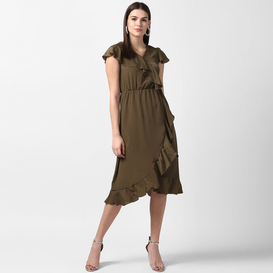 Women's Olive Front Ruffle Dress