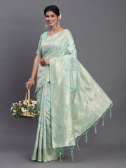 Sky Blue Linen Cotton Saree with Silver Zari Weave & Tassels – Festive & Elegant Office Wear